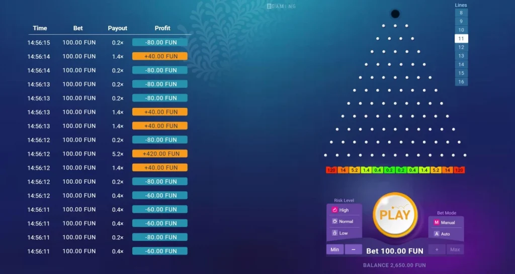 Изображение игрового процесса BGaming Plinko с мячиком и полем для кеглей